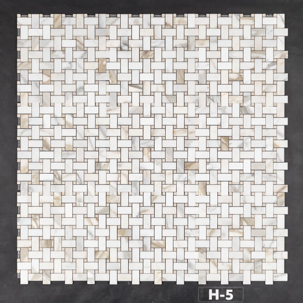 Calacatta Gold Basketweave with 3/8" Crema Marfil Dot Mosaic Honed - Elon Tile & Stone