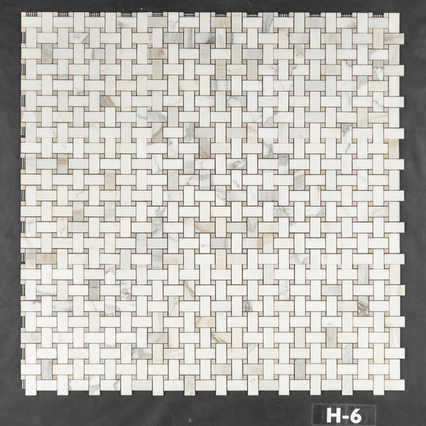 Calacatta Gold Basketweave with 3/8" Crema Marfil Dot Mosaic Honed