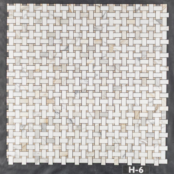 Calacatta Gold Basketweave with 3/8" Crema Marfil Dot Mosaic Honed