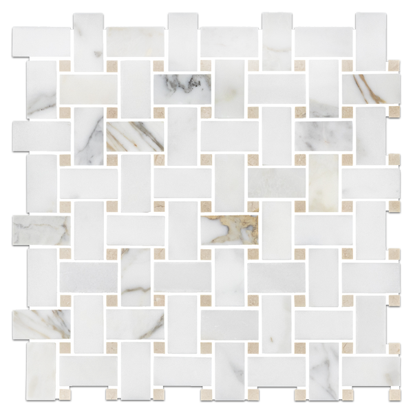 Calacatta Gold Basketweave with 3/8" Crema Marfil Dot Mosaic Honed