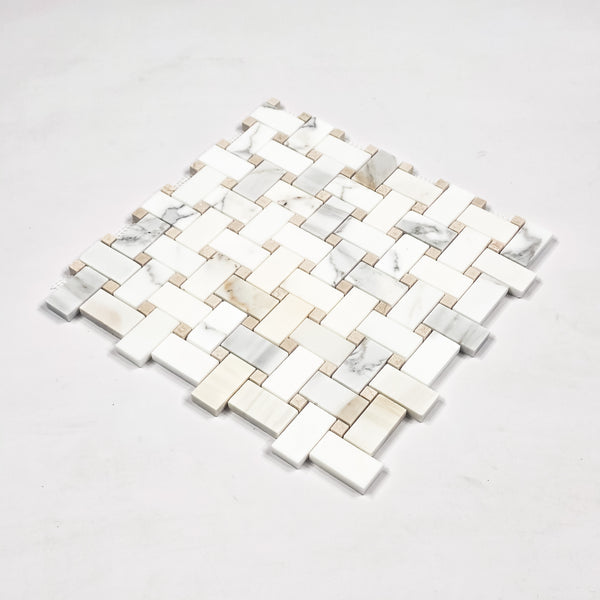 Calacatta Gold Basketweave with 3/8" Crema Marfil Dot Mosaic Honed - Elon Tile & Stone