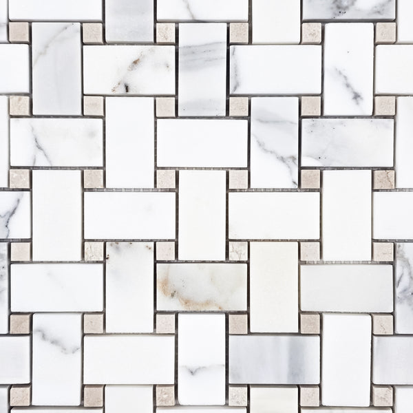 Calacatta Gold Basketweave with 3/8" Crema Marfil Dot Mosaic Honed - Elon Tile & Stone