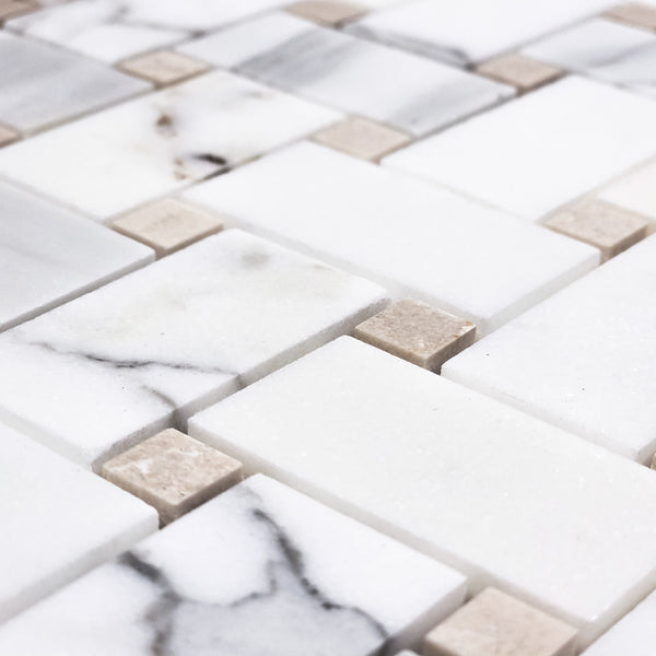 Calacatta Gold Basketweave with 3/8" Crema Marfil Dot Mosaic Honed - Elon Tile & Stone