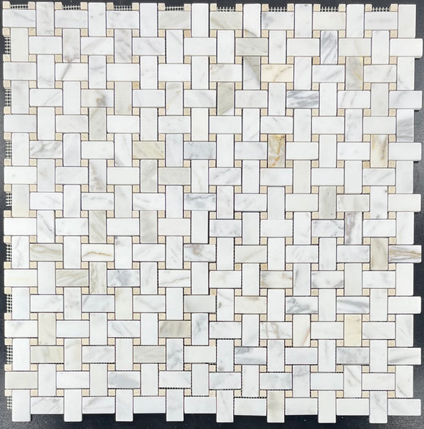 Tejido de cesta Calacatta Gold con mosaico de puntos Crema Marfil de 3/8" pulido