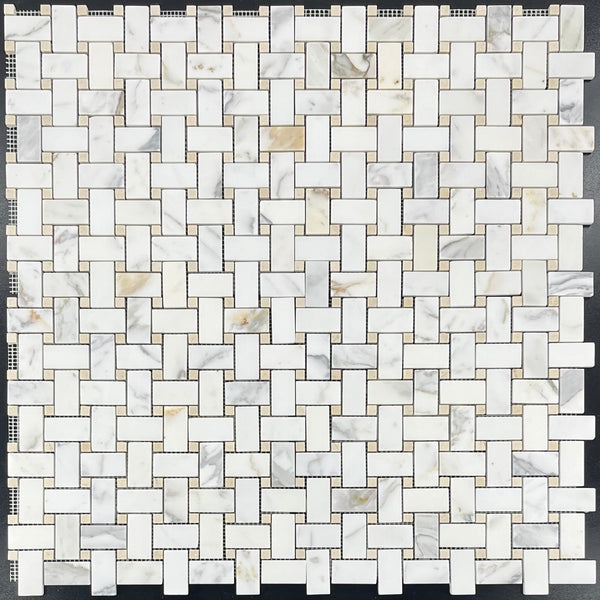 Tejido de cesta Calacatta Gold con mosaico de puntos Crema Marfil de 3/8" pulido