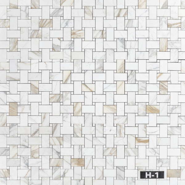Calacatta Gold Extra Large Basketweave with 5/8" White Thassos Dot Mosaic Honed