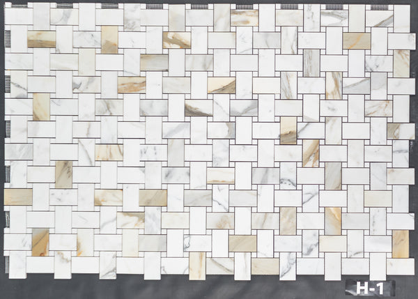 Calacatta Gold Extra Large Basketweave with 5/8" White Thassos Dot Mosaic Honed