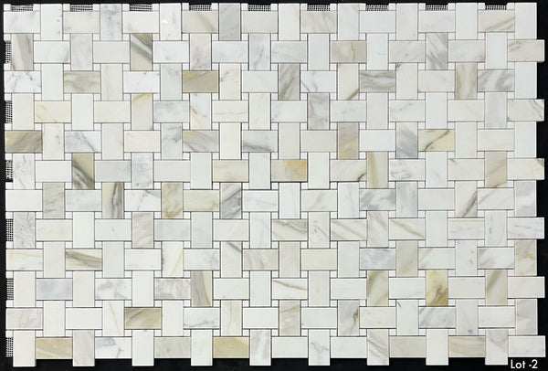 Calacatta Gold Extra Large Basketweave with 5/8" White Thassos Dot Mosaic Honed