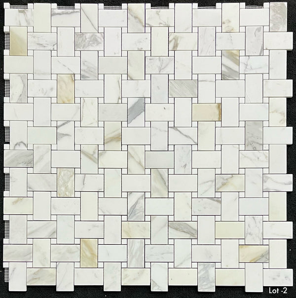 Calacatta Gold Extra Large Basketweave with 5/8" White Thassos Dot Mosaic Honed
