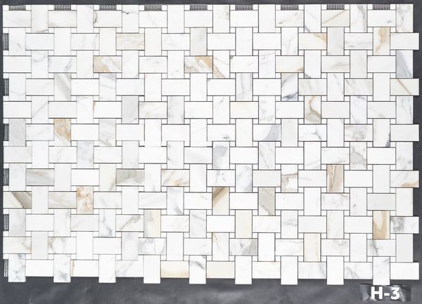 Calacatta Gold Extra Large Basketweave with 5/8" White Thassos Dot Mosaic Honed
