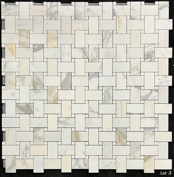 Calacatta Gold Extra Large Basketweave with 5/8" White Thassos Dot Mosaic Honed