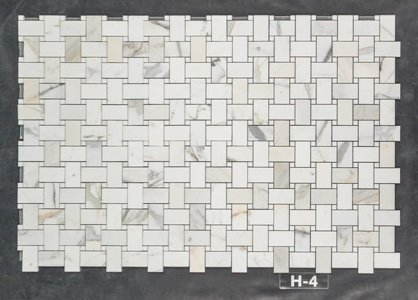 Calacatta Gold Extra Large Basketweave with 5/8" White Thassos Dot Mosaic Honed