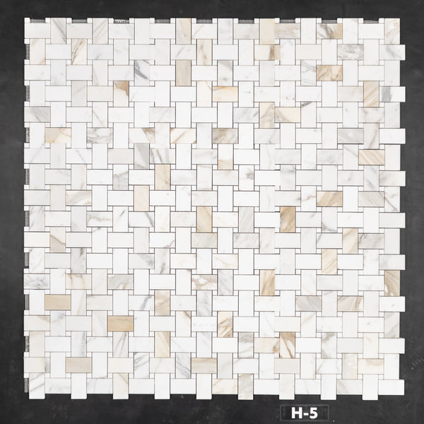 Calacatta Gold Extra Large Basketweave with 5/8" White Thassos Dot Mosaic Honed - Elon Tile & Stone