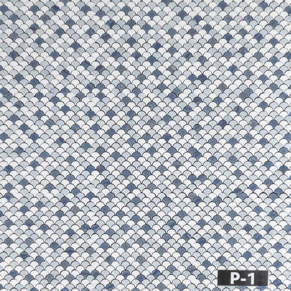 Abanico Tri-Blend (Azul Celeste, Azul Macauba y White Thassos) Mosaico Pulido