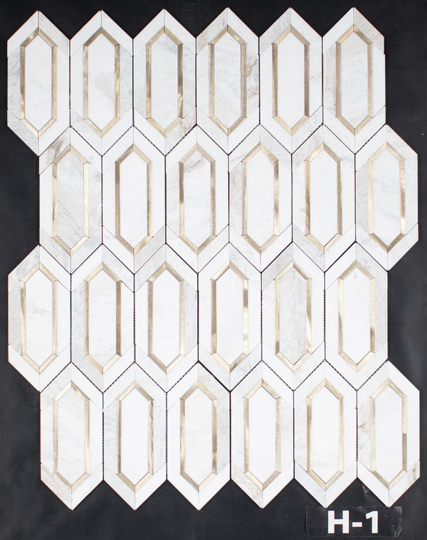 Bianco Oro Picket with Gold Aluminum Mosaic Honed