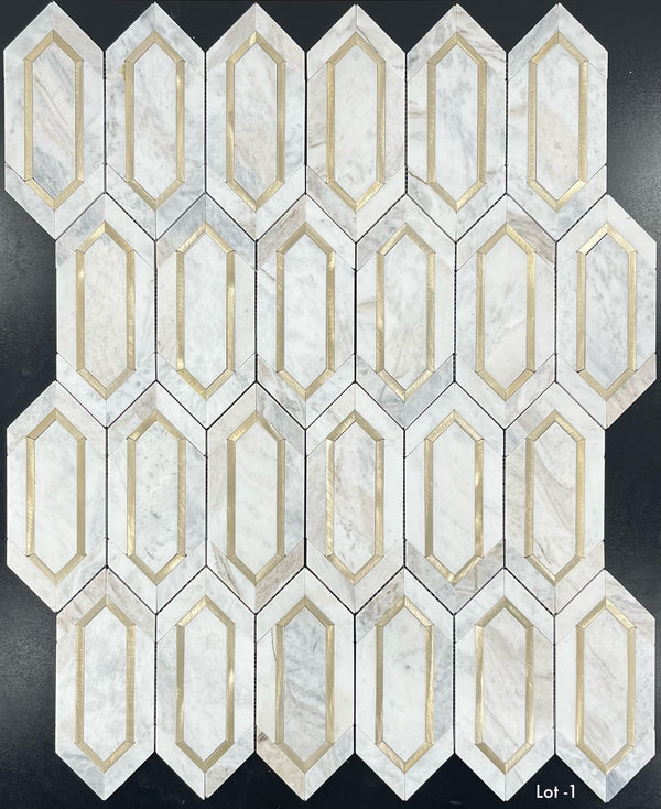 Bianco Oro Picket with Gold Aluminum Mosaic Honed