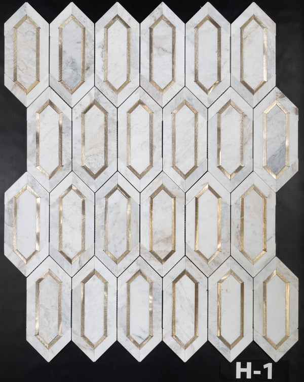 Bianco Oro Picket with Gold Aluminum Mosaic Honed