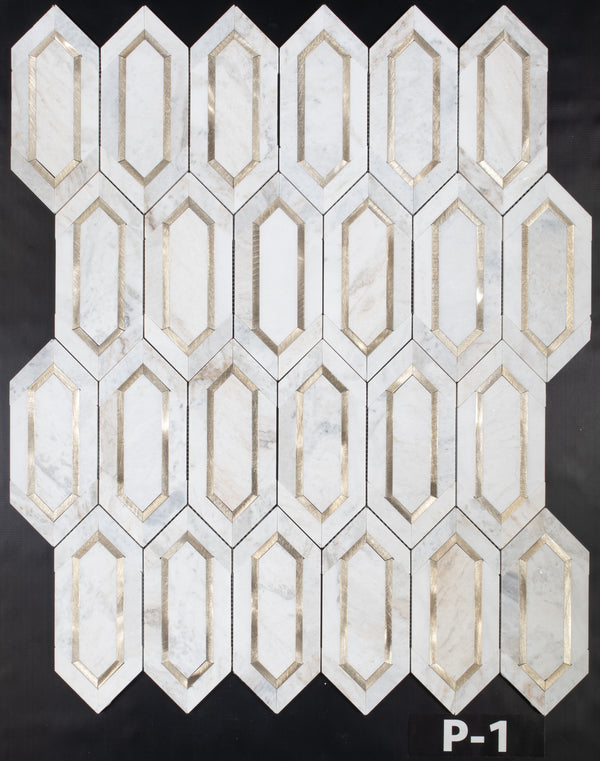 Bianco Oro Picket with Gold Aluminum Mosaic Honed