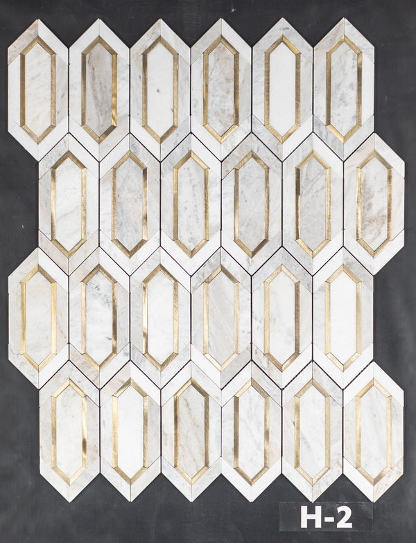 Bianco Oro Picket with Gold Aluminum Mosaic Honed