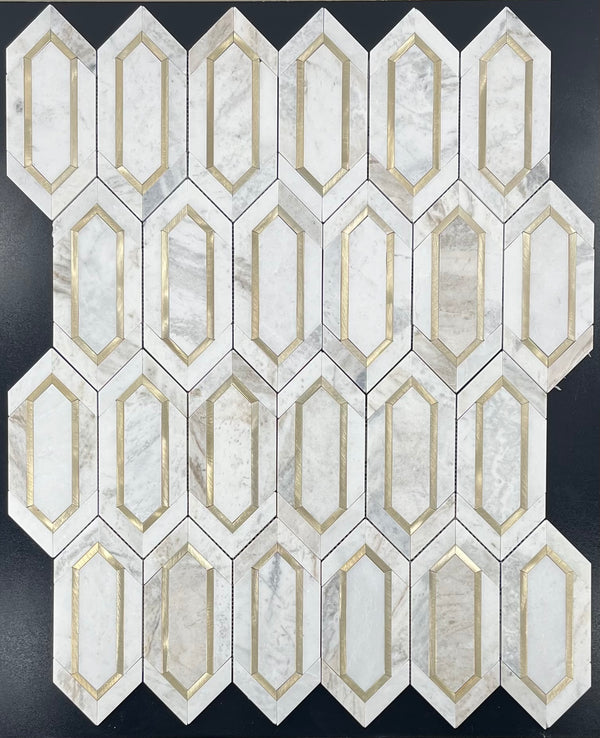 Bianco Oro Picket with Gold Aluminum Mosaic Honed