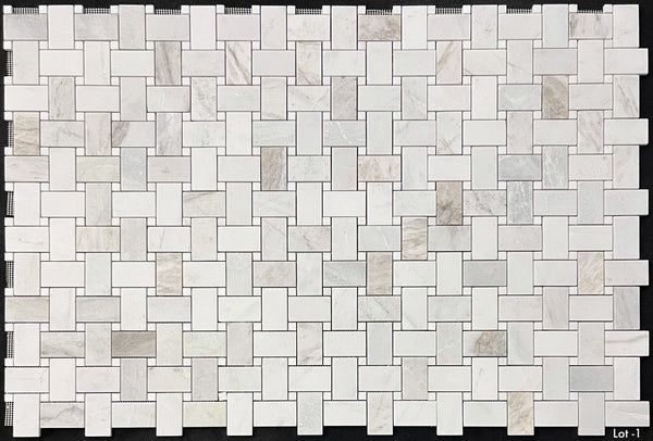 Bianco Oro Extra Large Basketweave with 5/8" White Thassos Dot Mosaic Honed