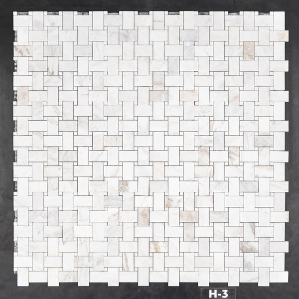 Bianco Oro Extra Large Basketweave with 5/8" White Thassos Dot Mosaic Honed - Elon Tile & Stone