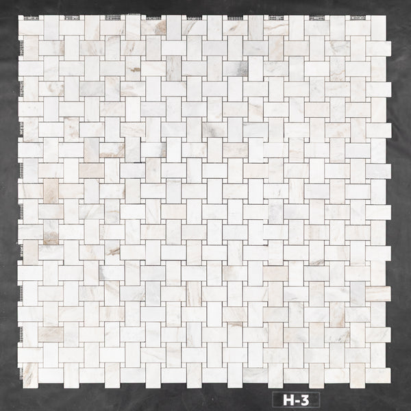 Bianco Oro Extra Large Basketweave with 5/8" White Thassos Dot Mosaic Honed