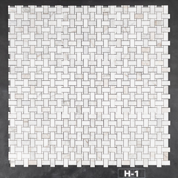 Bianco Oro Basketweave with White Thassos Dot Mosaic Honed