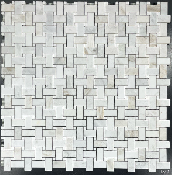 Bianco Oro Basketweave with White Thassos Dot Mosaic Honed