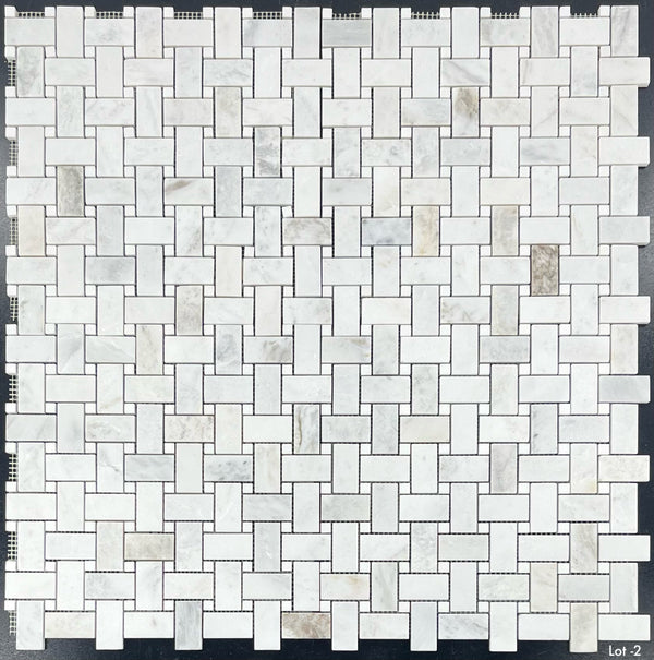 Bianco Oro Basketweave with White Thassos Dot Mosaic Honed