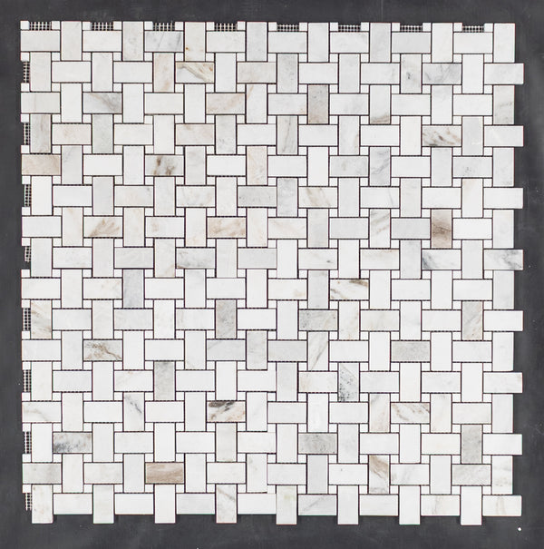 Bianco Oro Basketweave with White Thassos Dot Mosaic Honed