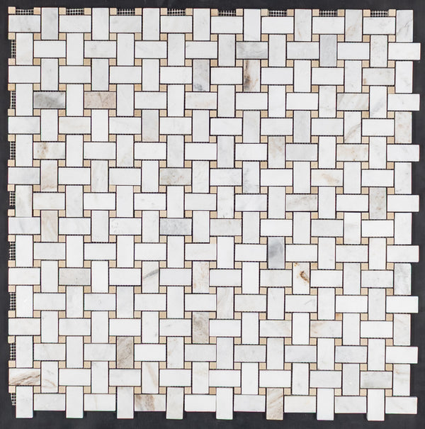 Bianco Oro Basketweave with Crema Marfil Dot Mosaic Honed