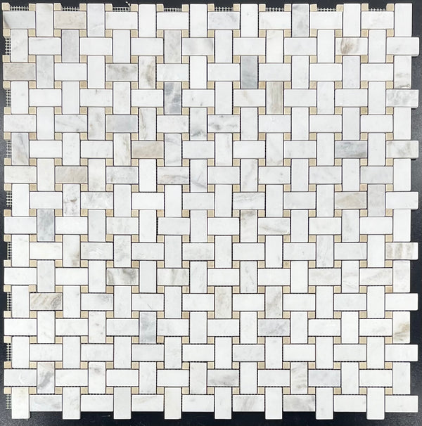 Bianco Oro Basketweave with Crema Marfil Dot Mosaic Honed