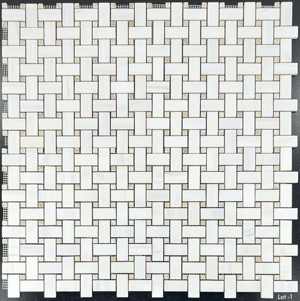 Dolomite Basketweave with 3/8" Crema Marfil Dot Mosaic Honed