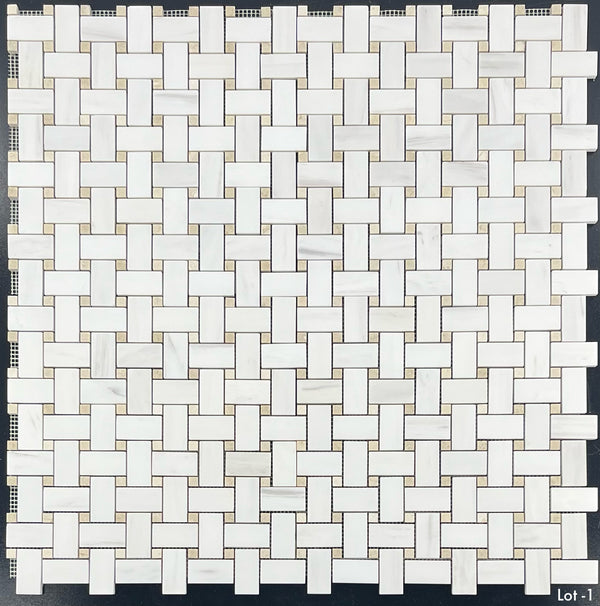 Tejido de cesta de dolomita con mosaico de puntos Crema Marfil de 3/8" pulido