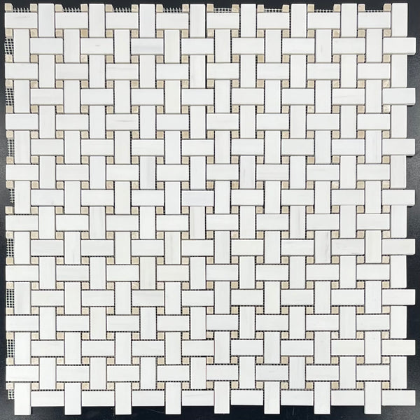 Tejido de cesta de dolomita con mosaico de puntos Crema Marfil de 3/8" pulido