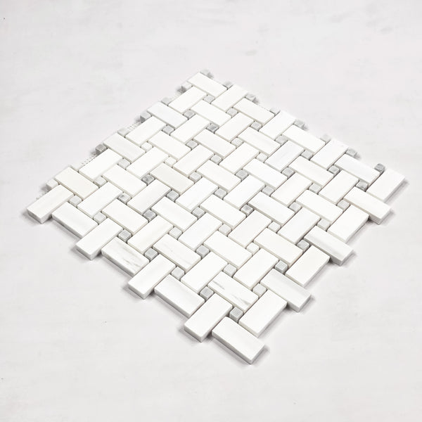 Dolomite Basketweave with 3/8" Mystic Gray Dot Mosaic Honed