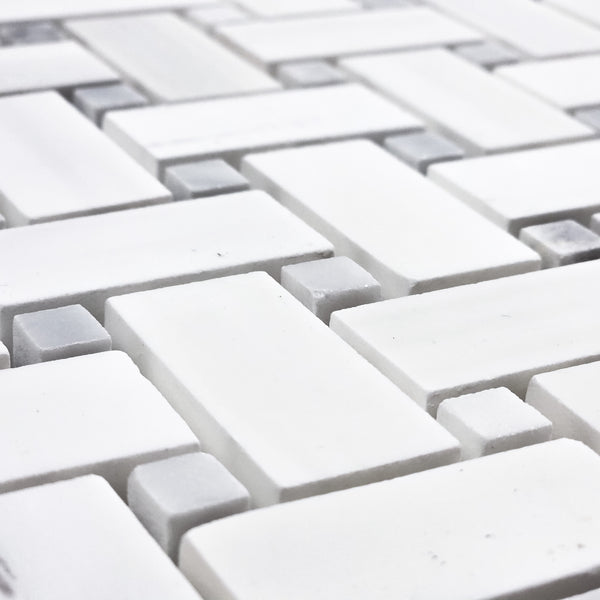 Dolomite Basketweave with 3/8" Mystic Gray Dot Mosaic Honed