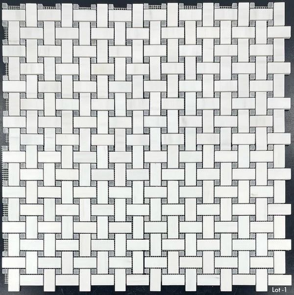 Dolomite Basketweave with 3/8" Bardiglio Dot Mosaic Honed