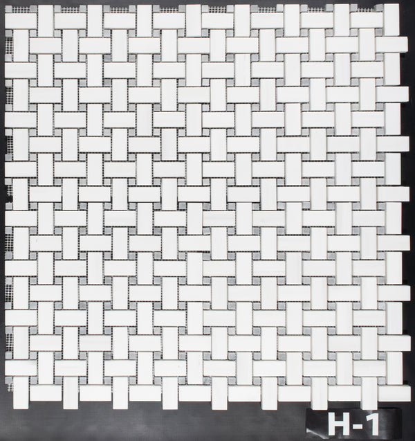 Dolomite Basketweave with 3/8" Bardiglio Dot Mosaic Honed