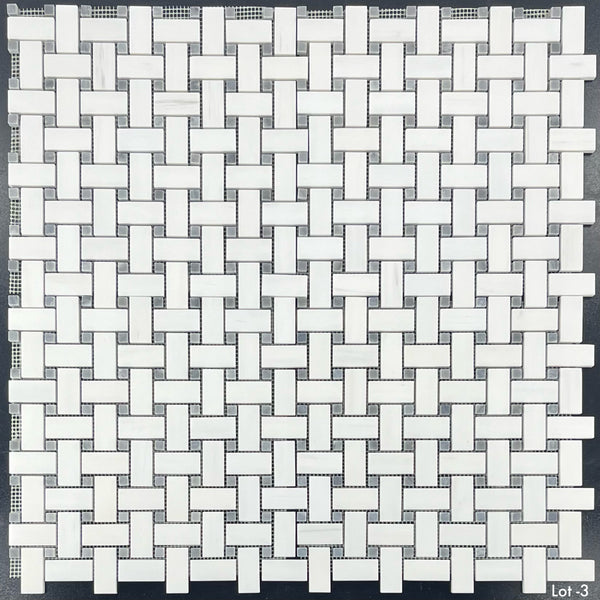 Dolomite Basketweave with 3/8" Bardiglio Dot Mosaic Honed