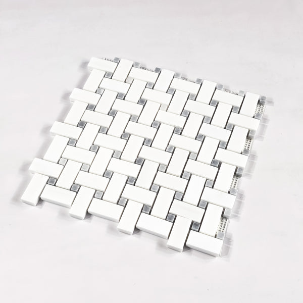 Dolomite Basketweave with 3/8" Bardiglio Dot Mosaic Honed