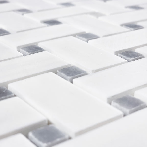 Dolomite Basketweave with 3/8" Bardiglio Dot Mosaic Honed