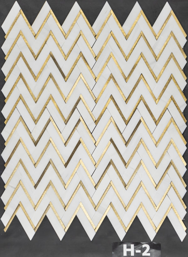 Dolomite Herringbone with Gold Aluminum Mosaic Honed