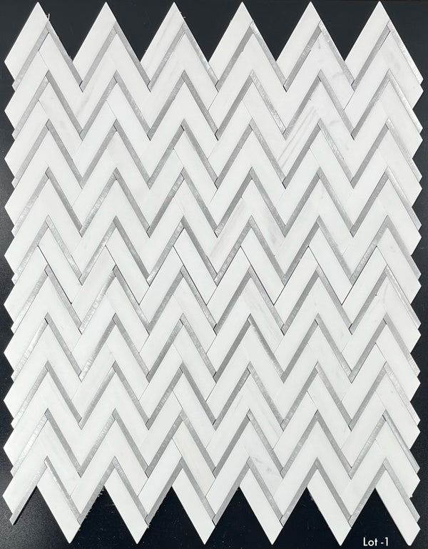 Dolomite Premium 1" x 4" Herringbone with Silver Aluminum Mosaic Honed