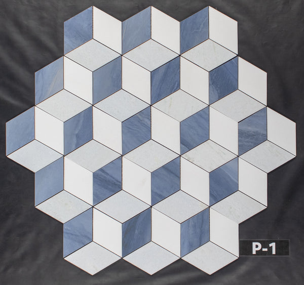 Mosaico Azul Macaubas, Azul Celeste y Blanco Thassos Trillium Pulido