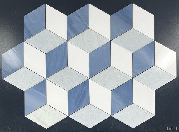 Azul Porcelain, Blue Celeste & White Thassos Trillium Mosaic Polished