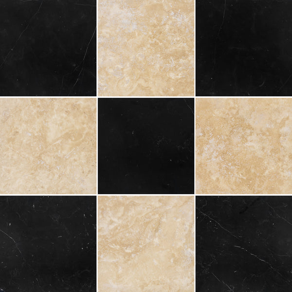 Black Marble & Light Ivory Travertine Checkerboard