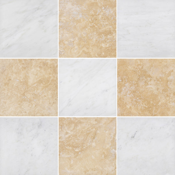 Pearl White & Light Ivory Travertine Checkerboard