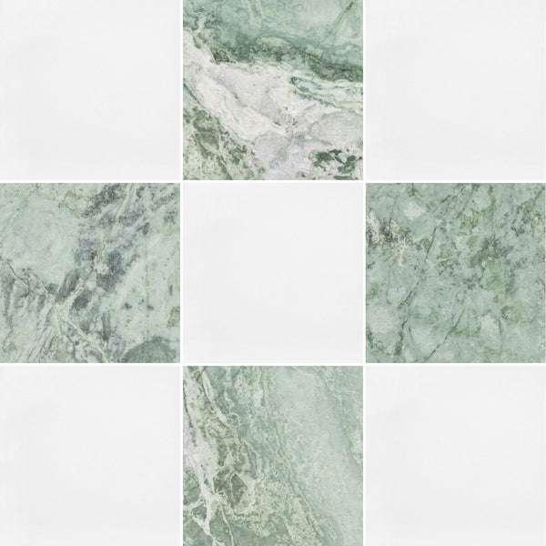 White Thassos & Emerald Green 12" Checkerboard Honed